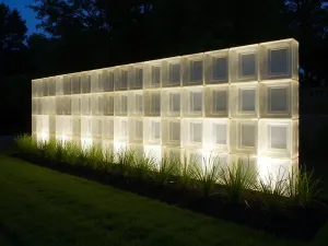 Illuminated Garden Blocks - Modern garden wall made of translucent acrylic blocks with LED lighting, photographed at night, creating a stunning pattern of light and shadow