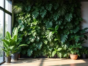 Indoor Tropical Foliage Wall - A dramatic indoor living wall featuring large-leaved tropical plants creating bold shadows, indirect natural lighting, wide angle view