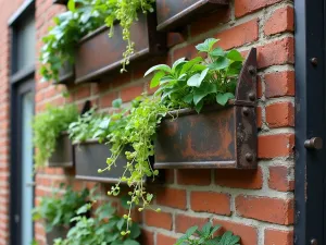 Industrial Brick Wall Garden - Close-up of a repurposed industrial brick wall with steel elements, featuring vertical garden pockets with trailing plants