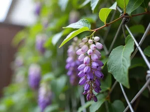 Industrial Cable Wire Trellis - Close-up of stainless steel cable wire trellis system in geometric pattern, with young wisteria starting to climb, industrial chic design