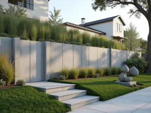 Industrial Concrete Panels - Wide shot of dramatic concrete panel retaining wall with intentional board-forming texture, complemented by architectural grasses and modern sculpture elements.