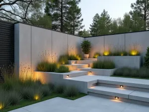 Industrial Concrete Steps - Modern staggered concrete wall with clean lines and built-in LED lighting, featuring architectural grasses in geometric planters