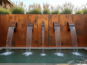 Industrial Copper Wall Cascade - Wide shot of a weathered copper wall with multiple water spouts creating a curtain of water, backdropped by tall ornamental grasses