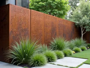 Industrial Metal Wall - An industrial-style perforated metal garden wall with a rusted finish, photographed with modern landscaping and architectural grasses