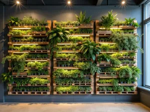 Industrial Pallet Living Wall - Wide-angle view of a modern industrial-style pallet wall system spanning 15 feet, featuring alternating levels of succulents and air plants, with integrated LED lighting strips between pallets