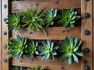 Industrial Wood Panels - Close-up of industrial-style wooden wall panels with steel frame accents and vertical succulent gardens