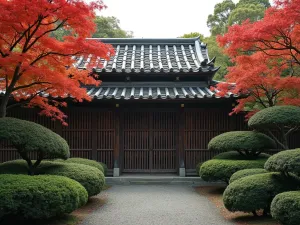 Japanese Garden Boundary Wall - A traditional Japanese garden wall made of dark bamboo fencing topped with clay tiles, surrounded by cloud-pruned bushes and maple trees, wide angle view