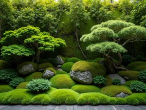 Japanese Moss Wall - A peaceful living wall composed of various moss species creating a soft, verdant surface with small Japanese maple branches emerging, zen-like atmosphere, normal view