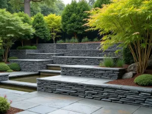 Japanese Inspired Slate Wall - A zen-like retaining wall composed of stacked slate creating horizontal lines, with Japanese maples and bamboo providing contrast. Small water features are integrated into the wall design.