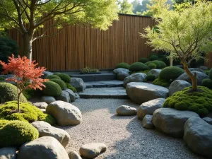 Japanese Stone Garden Wall - Zen-inspired stone wall with carefully placed rocks and bamboo screening, featuring moss gardens and miniature maples, photographed in soft morning light