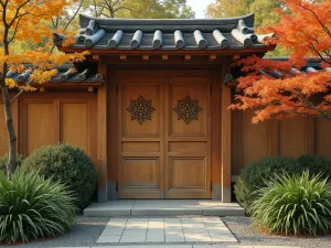 Japanese Wooden Screen - Traditional Japanese-style wooden garden wall with decorative cutouts, surrounded by maple trees and ornamental grasses