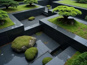 Japanese Zen Stagger - Aerial view of a minimalist Japanese-style staggered wall with black granite blocks, featuring carefully placed bonsai trees and moss gardens between levels