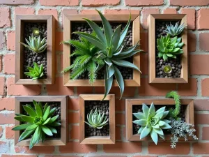 Living Picture Frames - Series of wooden frames mounted on a brick wall, each containing different varieties of succulents and air plants, creating living wall art