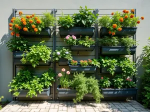 Living Wall Trellis System - Wide angle view of integrated living wall trellis system with multiple pocket planters, diverse flowering vines, vertical garden design