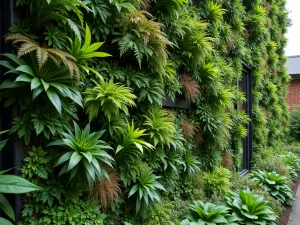 Living Wall Vertical Garden - An extensive living wall system covered in a variety of ferns, flowering perennials, and trailing plants, creating a lush green tapestry, close-up detail