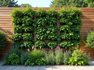 Living Wood Wall Garden - Wide shot of wooden wall with integrated vertical garden system, featuring trailing plants and flowering perennials