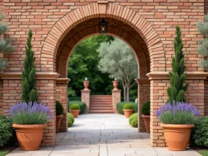 Mediterranean Brick Wall with Archway - Warm-toned brick garden wall with an elegant arched entrance, terracotta pots with lavender and cypress trees, wide angle view of Mediterranean-style garden