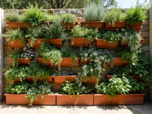 Mediterranean Herb Living Wall - An artfully arranged living wall filled with aromatic Mediterranean herbs in terracotta pockets, featuring cascading rosemary, thyme, and sage, warm afternoon lighting, wide angle view