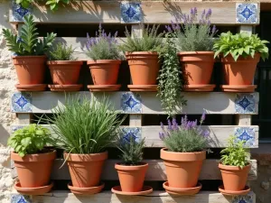 Mediterranean Pallet Herb Wall - Sun-drenched pallet wall with terracotta pots housing Mediterranean herbs, featuring lavender, oregano, and sage, with decorative blue and white tiles integrated between sections