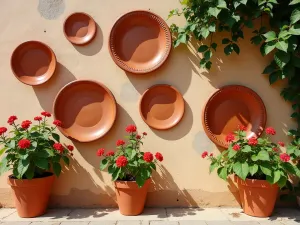 Mediterranean Pottery Wall - Wide shot of terracotta pots and plates mounted on a sun-washed Mediterranean style wall, with cascading geraniums