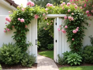 Mediterranean Privacy Trellis - Wide view of white-painted wooden privacy trellis with Mediterranean climbing plants, bougainvillea and grape vines, against stucco wall