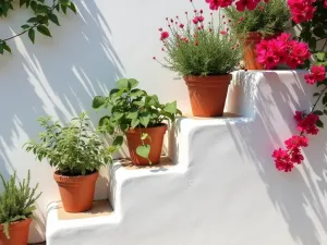 Mediterranean Step Wall - Close-up of a white-washed staggered wall with terracotta pots placed on each level, featuring Mediterranean herbs and bright bougainvillea, shot in bright sunlight