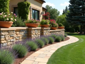 Mediterranean Stepped Wall - Wide-angle view of a warm-toned stone retaining wall with Mediterranean styling, featuring built-in terracotta planters and climbing roses. Lavender and rosemary line the base of the wall.