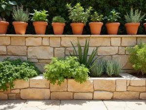 Mediterranean Stone Terrace - Close-up of a sun-baked sandstone wall with Mediterranean herbs growing in built-in planters, terracotta pots arranged along the top