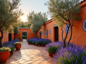 Mediterranean Terracotta Wall Art - Wide angle shot of a terracotta garden wall with hand-painted blue and yellow Mediterranean patterns, surrounded by potted lavender and olive trees, warm sunset lighting