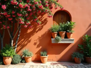 Mediterranean Terracotta Garden Wall - A sun-drenched terracotta garden wall with built-in terracotta planters filled with cascading bougainvillea and Mediterranean herbs, aerial view, warm afternoon light