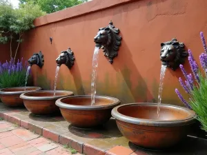 Mediterranean Tiered Wall Fountain - Wide-angle view of a terracotta wall with ornate lion head spouts, water cascading into rustic copper bowls, surrounded by lavender and rosemary bushes