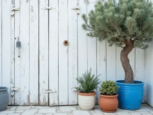 Mediterranean Wood Screen - Whitewashed wooden garden wall with Mediterranean blue accents and potted olive trees, creating vacation atmosphere