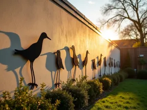 Metal Bird Silhouette Collection - Wide angle shot of metal bird cutouts arranged artistically on a rendered garden wall, casting shadows at sunset