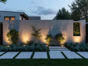 Minimalist Concrete Garden Wall - A sleek, contemporary garden wall made of smooth light gray concrete panels with integrated LED lighting, featuring vertical succulent gardens in geometric recesses, photographed at dusk