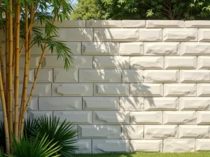 Minimalist Stacked Brick Wall - Close-up of a contemporary garden wall with precisely stacked light-colored bricks, creating strong horizontal lines, bamboo shadows playing across surface