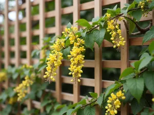 Minimalist Wooden Slat Trellis - Close-up of horizontal wooden slat trellis with trailing honeysuckle, Scandinavian minimal design, natural wood finish