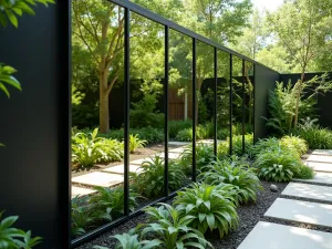 Mirror Panel Garden Wall - Close-up of a garden wall incorporating weatherproof mirror panels, reflecting surrounding greenery and creating an illusion of expanded space