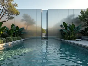 Modern Mirror Wall Cascade - Wide shot of a mirrored stainless steel wall with rippling water creating abstract reflections, surrounded by structural plants