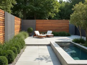 Mixed Material Garden Wall - An aerial view of a contemporary garden wall combining polished concrete, wood slats, and metal mesh, creating distinct zones in a modern garden space