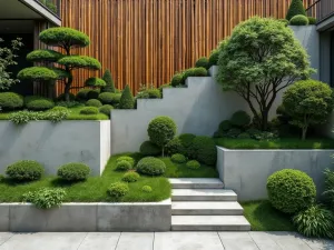 Modern Asian Fusion - Aerial view of a sleek staggered wall combining concrete and bamboo elements, with Japanese forest grass and cloud-pruned shrubs