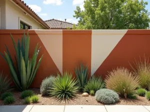 Modern Color Block Wall - Wide shot of a garden wall painted with bold geometric color blocks in earthy tones, complemented by architectural plants