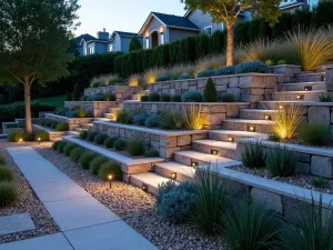 Modern Gabion Retaining Wall - A modern gabion retaining wall made of stainless steel mesh filled with natural stone, creating clean geometric lines in a terraced garden. Succulents and ornamental grasses peek through the stones, photographed at dusk with subtle lighting.