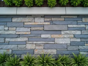 Modern Gabion Stone Wall - Contemporary gabion wall filled with organized layers of slate and quartzite, aerial view showing clean lines and geometric patterns, with ornamental grasses at the base