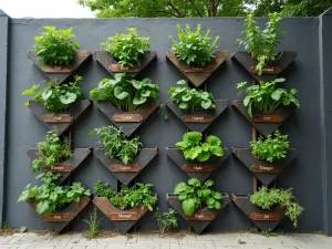 Modern Geometric Herb Wall - Wide angle view of a geometric pallet wall painted in charcoal grey, with herbs planted in diamond patterns, featuring built-in copper plant labels