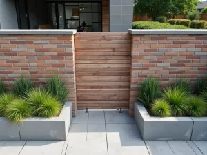 Modern Herringbone Brick Wall with Integrated Planters - Contemporary herringbone pattern brick wall featuring built-in concrete planters filled with ornamental grasses, clean lines and geometric design, aerial view