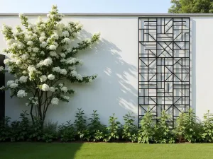 Modern Metal Grid Trellis - Contemporary black powder-coated steel grid trellis against a white rendered wall, with minimalist jasmine climbing, wide angle view of modern garden design