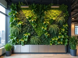 Modern Office Living Wall - A sleek, minimalist living wall in a contemporary office space, featuring geometric patterns of snake plants and ZZ plants, with brushed steel planters, aerial perspective