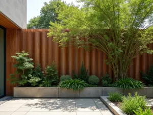 Modern Privacy Screen Wall - A contemporary slatted wooden privacy screen with integrated planters containing tall bamboo and architectural plants, aerial perspective