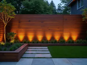 Modern Slatted Wood Wall - Modern horizontal slatted wooden garden wall in dark cedar, with integrated LED lighting between slats, creating dramatic evening shadows, contemporary design