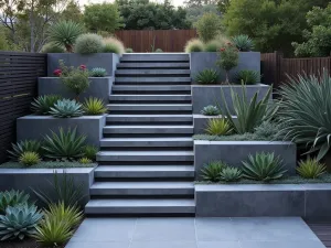 Modern Staggered Stone Wall - A contemporary staggered garden wall made of sleek gray stone blocks, with succulent plants growing from the gaps between levels, photographed at dusk with soft lighting